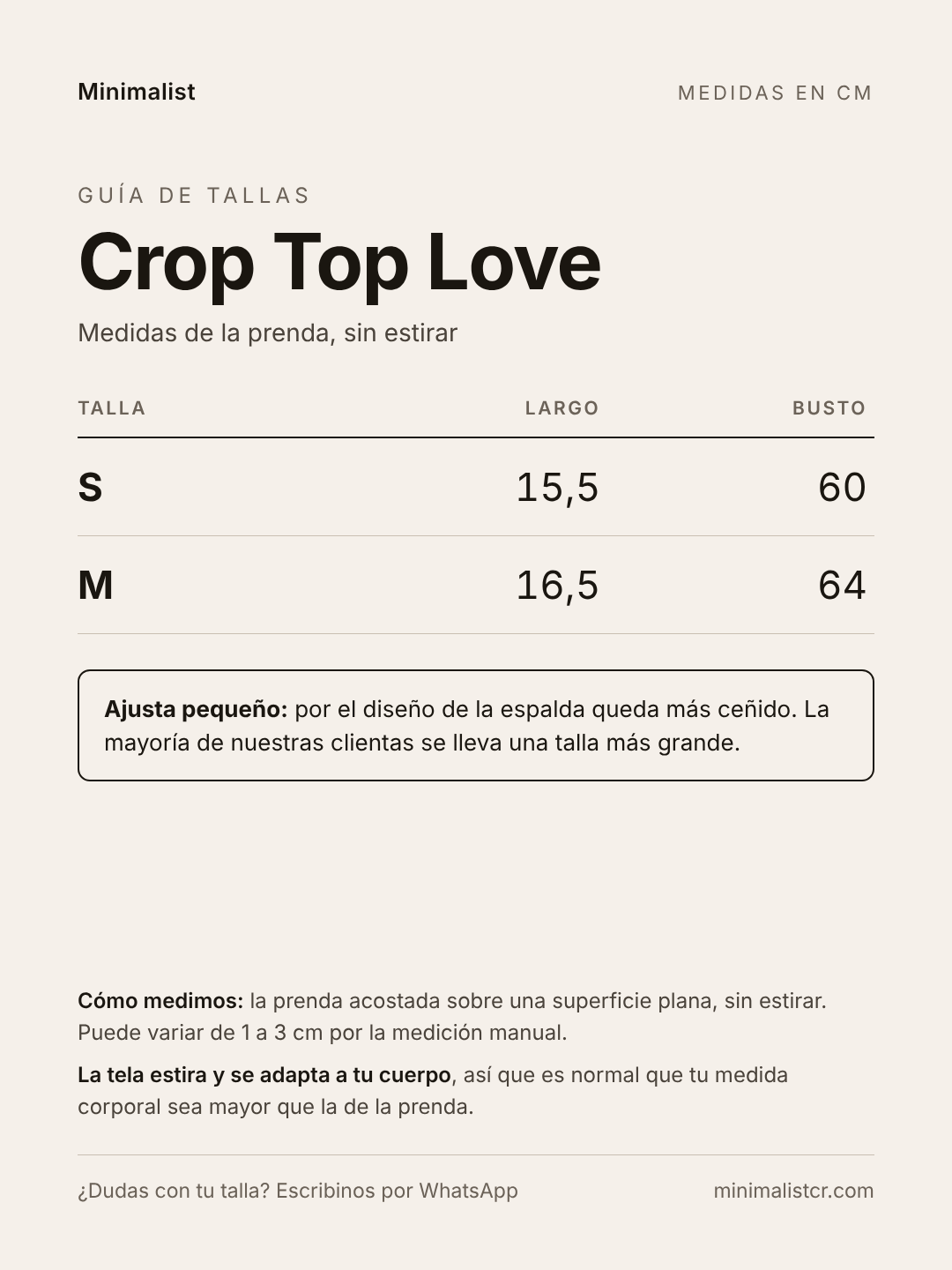 Guía de tallas de Crop Top Love