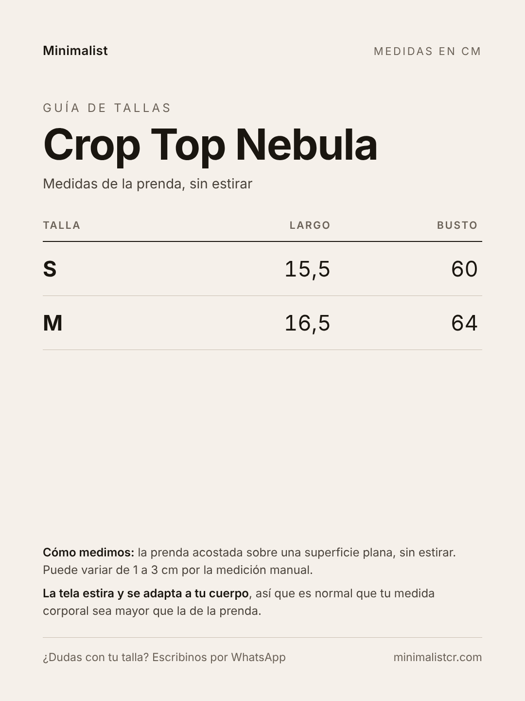 Guía de tallas de Crop Top Nebula