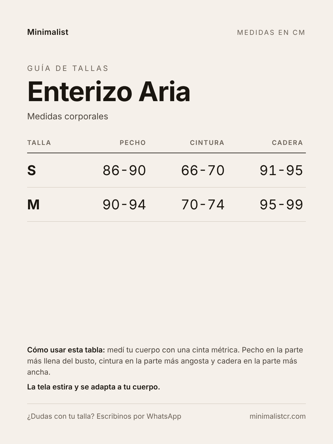 Guía de tallas de Enterizo Aria