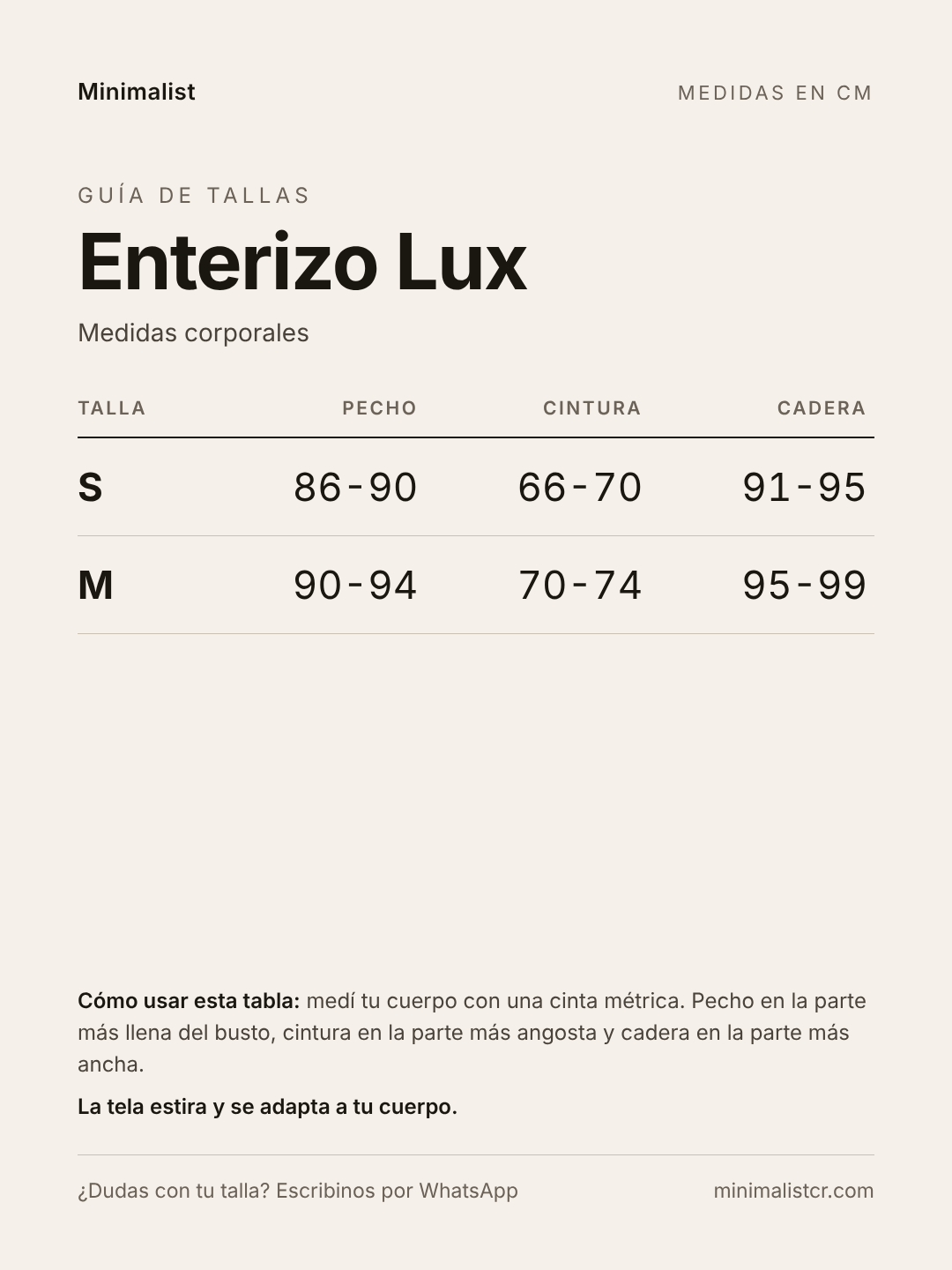 Guía de tallas de Enterizo Lux