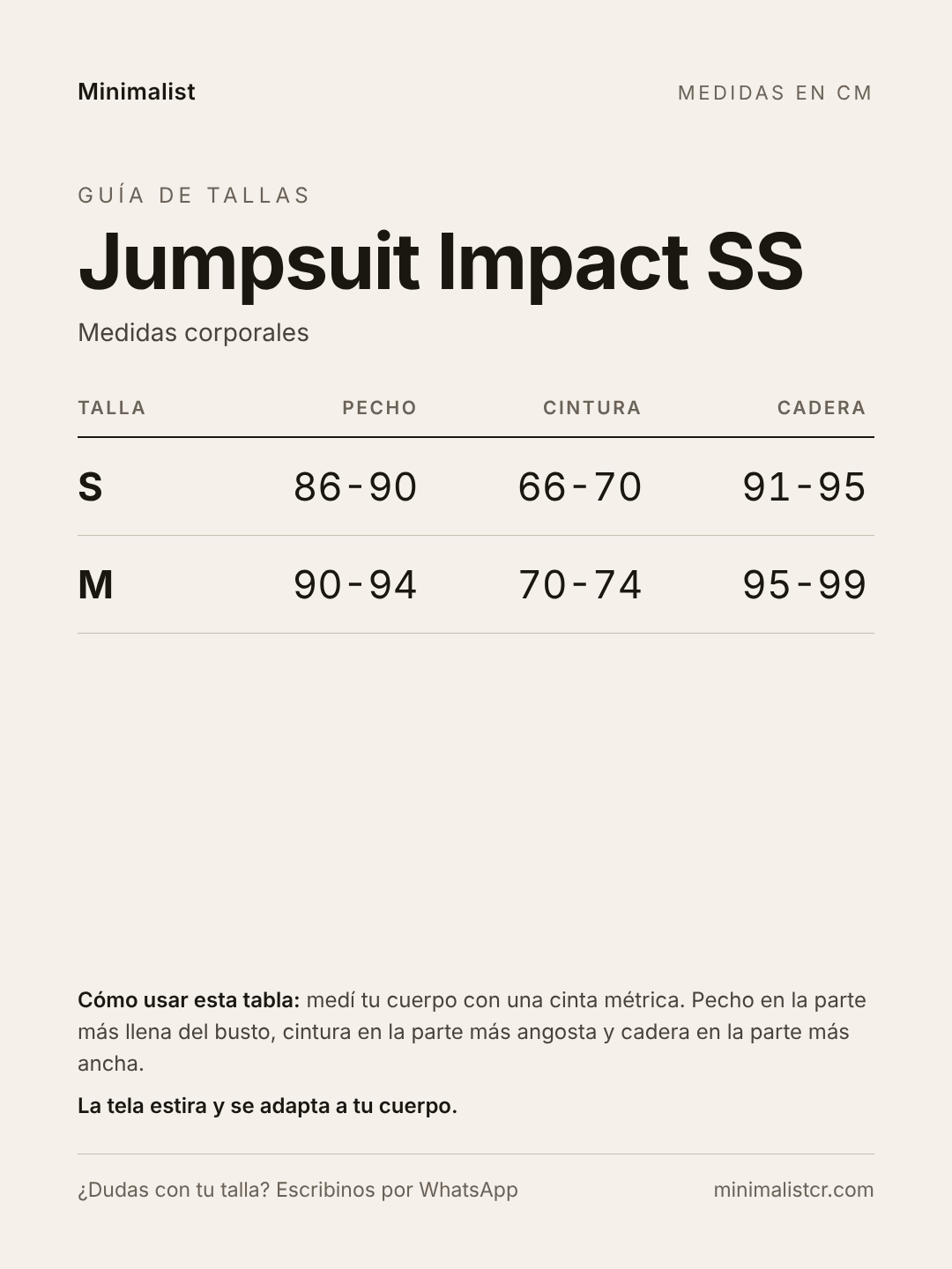 Guía de tallas de Jumpsuit Impact SS