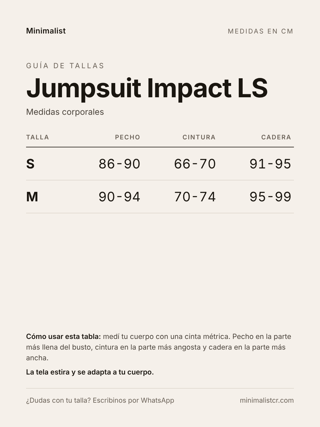 Guía de tallas de Jumpsuit Impact LS