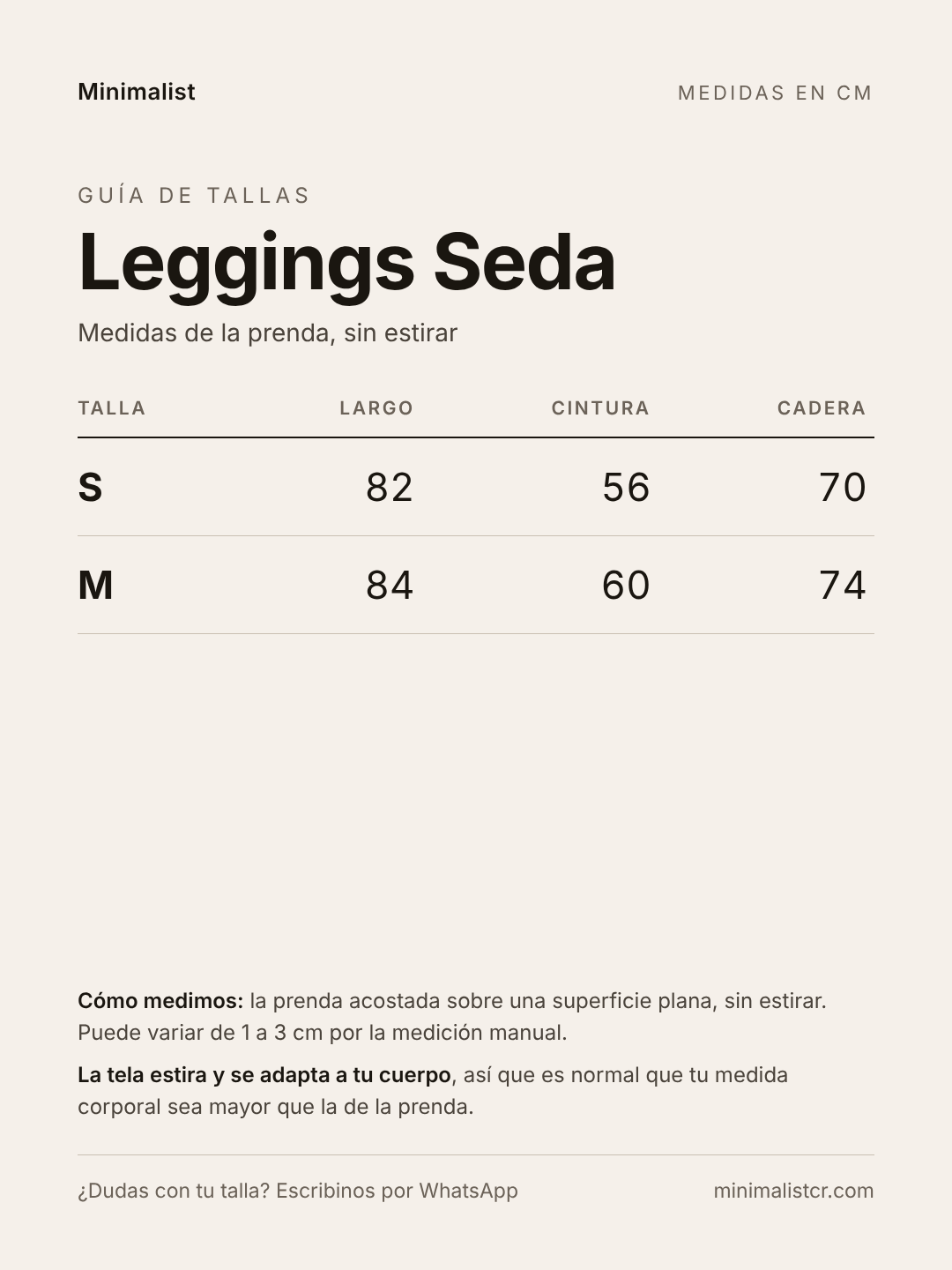 Guía de tallas de Leggings Seda