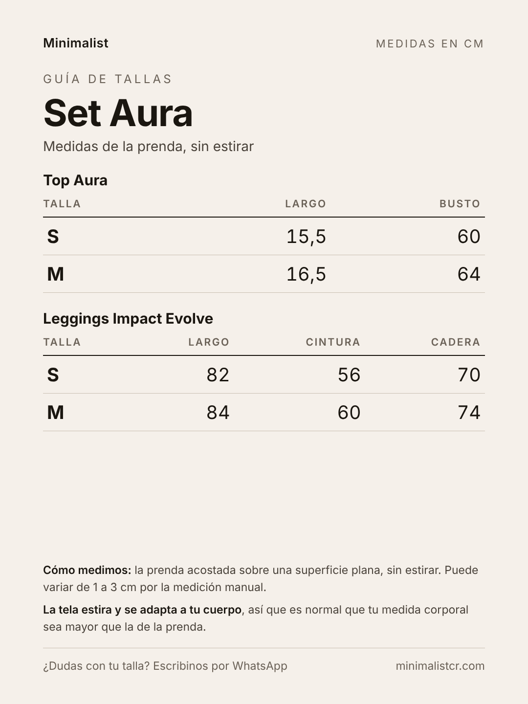 Guía de tallas de Set Aura