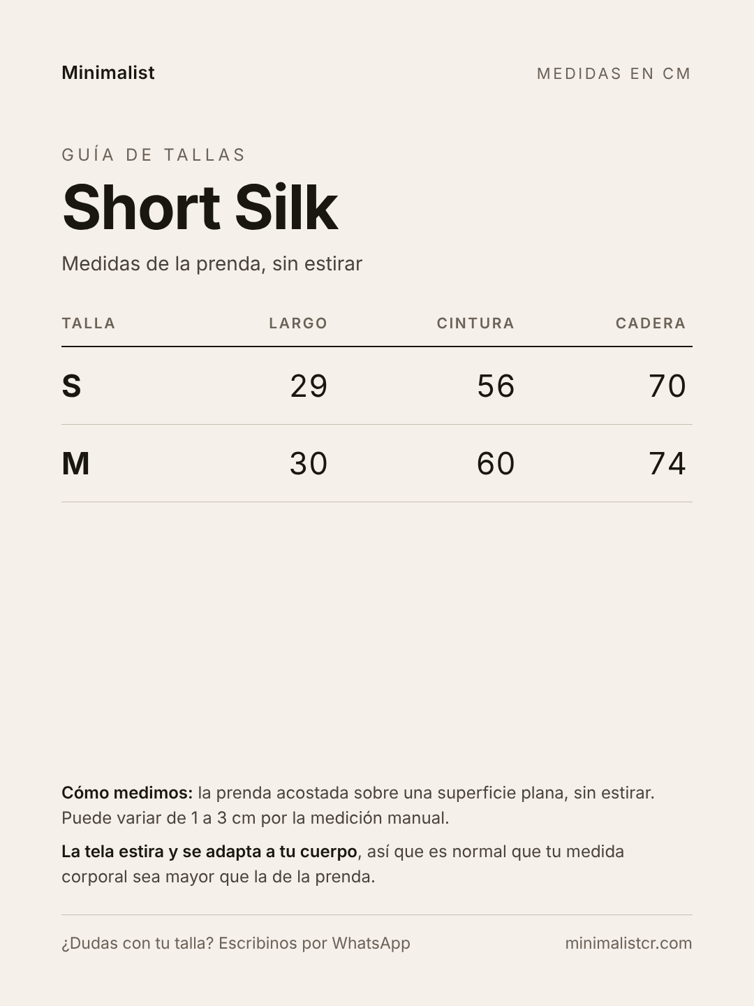 Guía de tallas de Short Silk