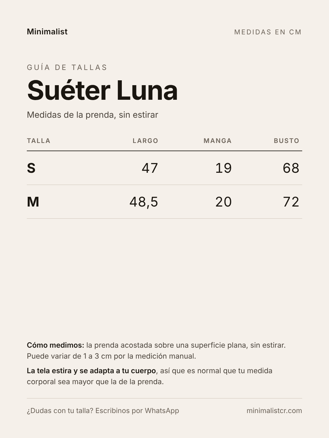 Guía de tallas de Suéter Luna