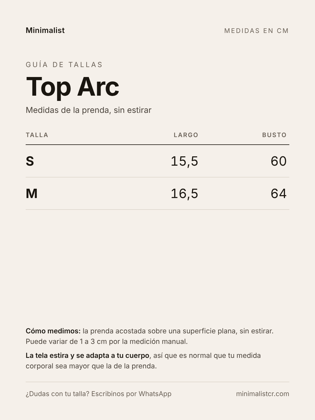 Guía de tallas de Top Arc