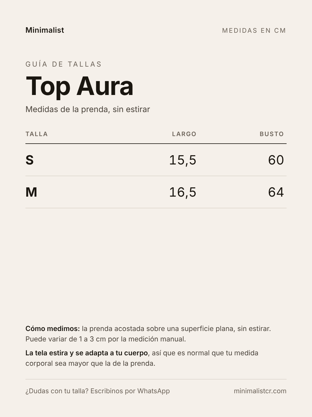 Guía de tallas de Top Aura