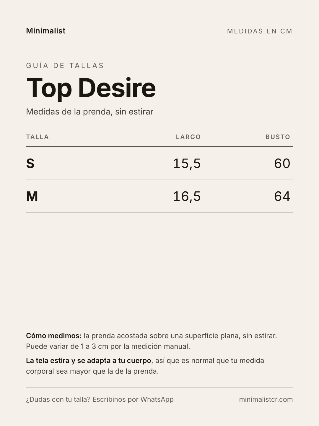 Guía de tallas de Top Desire
