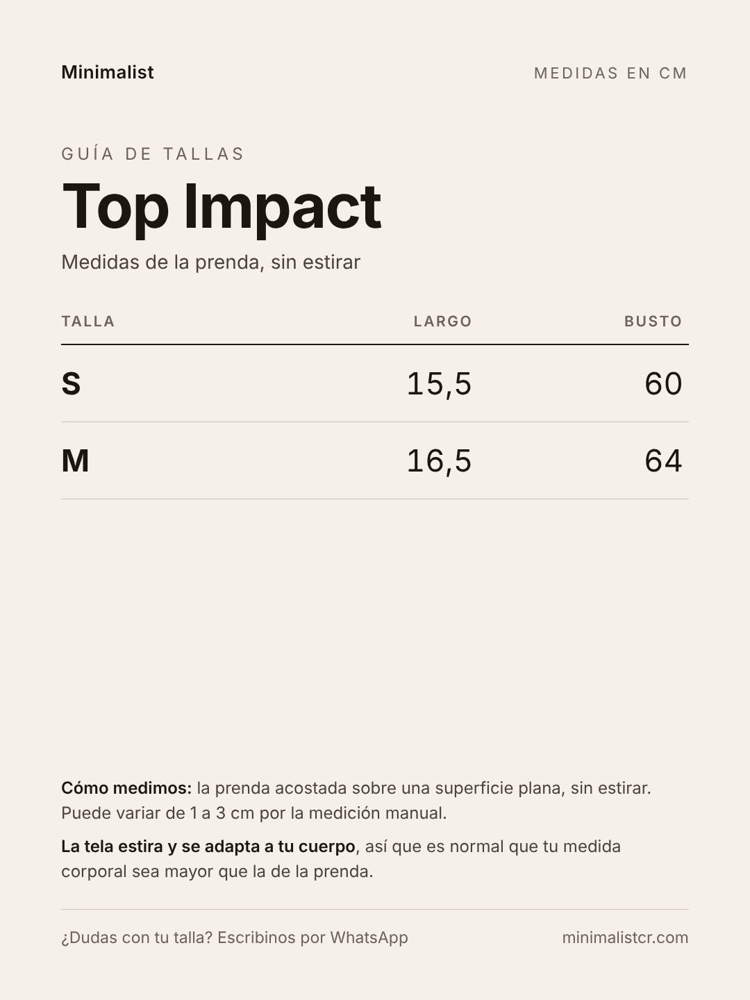 Guía de tallas de Top Impact