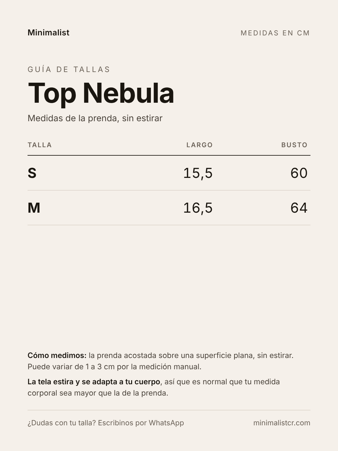 Guía de tallas de Top Nebula